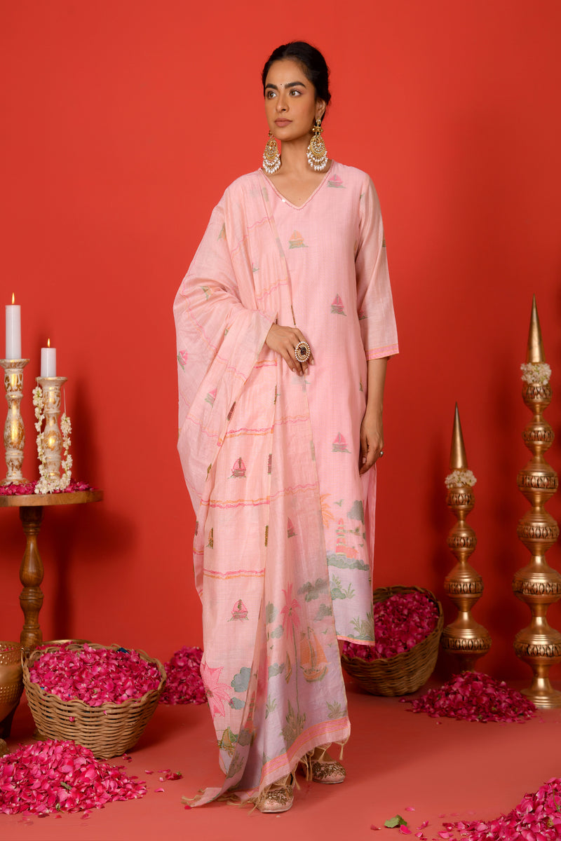 (Vaasva) Women Pink forest jamdani pattern (Set of 5pc)