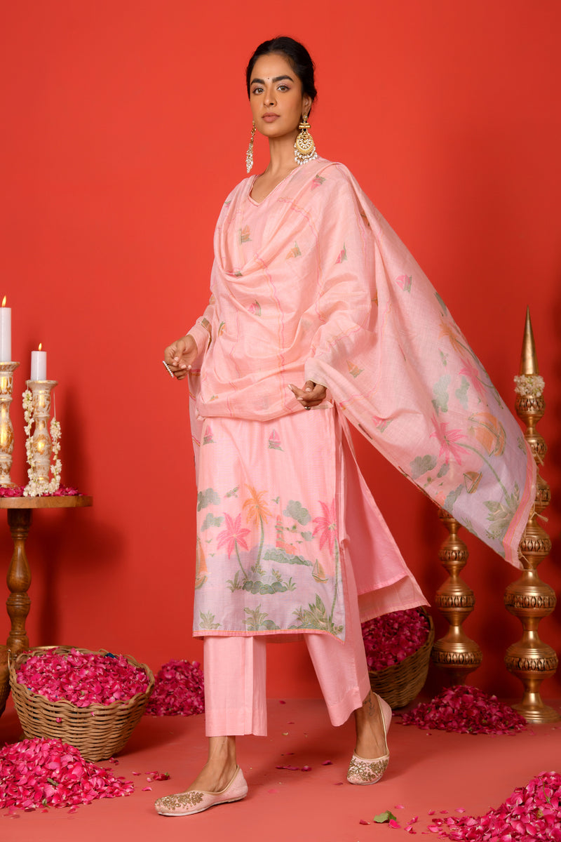 (Vaasva) Women Pink forest jamdani pattern (Set of 5pc)