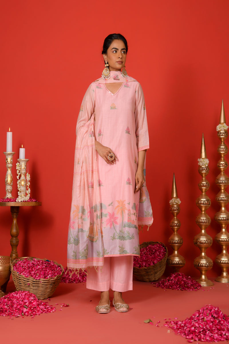 (Vaasva) Women Pink forest jamdani pattern (Set of 5pc)