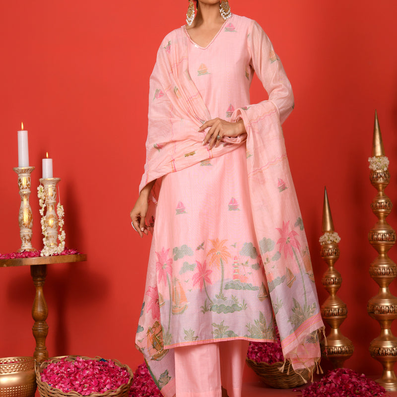 (Vaasva) Women Pink forest jamdani pattern (Set of 5pc)
