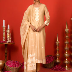 (Vaasva) Women Beige jamdani white placket suit set (Set of 5pc)