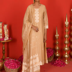(Vaasva) Women Beige jamdani white placket suit set (Set of 5pc)
