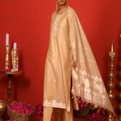 (Vaasva) Women Beige jamdani white placket suit set (Set of 5pc)