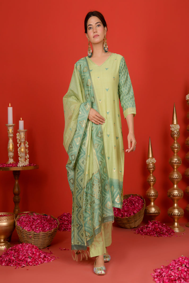 (Vaasva) Women Green Mini boonta jamdani woven suit set (Set of 5pc)