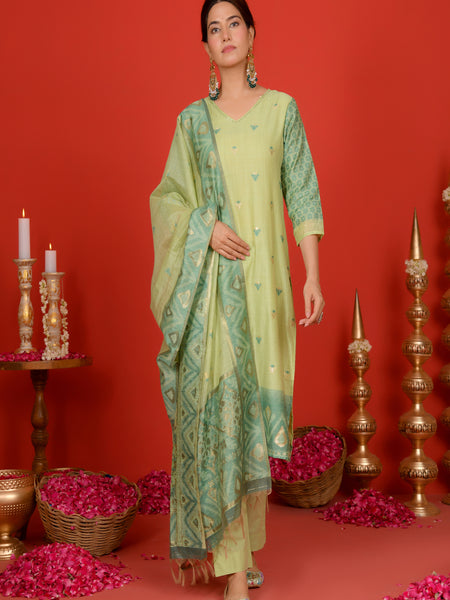 (Vaasva) Women Green Mini boonta jamdani woven suit set (Set of 5pc)
