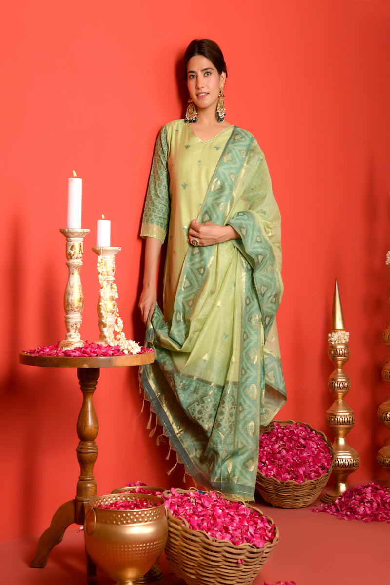 (Vaasva) Women Green Mini boonta jamdani woven suit set (Set of 5pc)