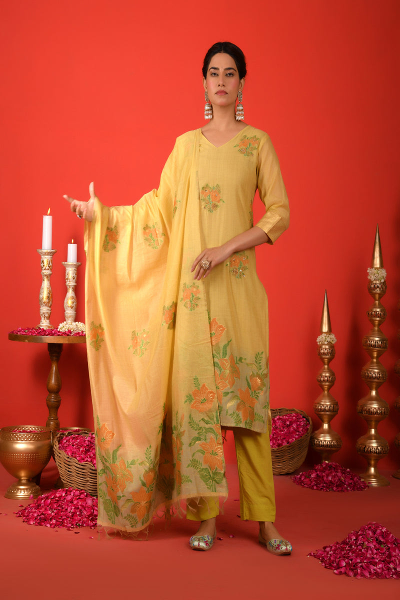 (Vaasva) Women mustard floral jamdani placement suit set (Set of 5pc)