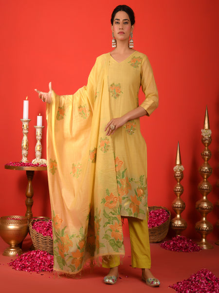 (Vaasva) Women mustard floral jamdani placement suit set (Set of 5pc)