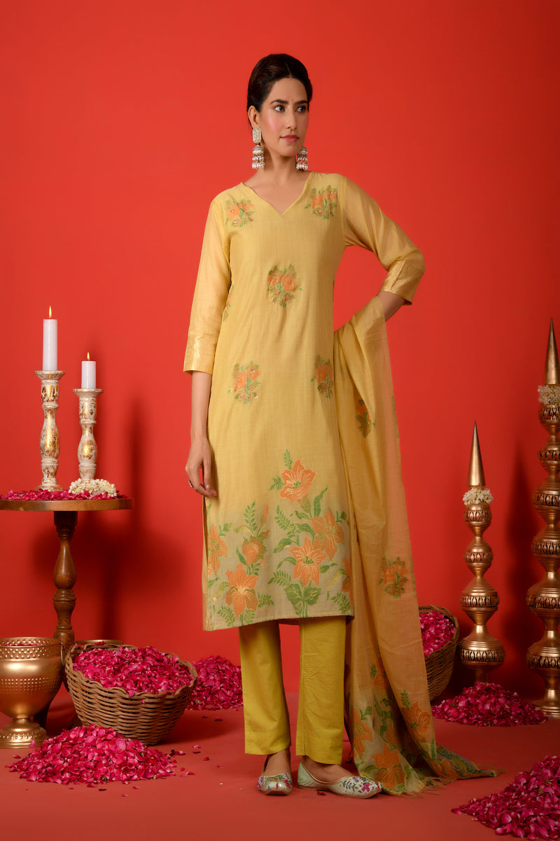 (Vaasva) Women mustard floral jamdani placement suit set (Set of 5pc)
