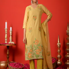 (Vaasva) Women mustard floral jamdani placement suit set (Set of 5pc)