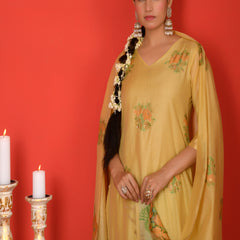 (Vaasva) Women mustard floral jamdani placement suit set (Set of 5pc)