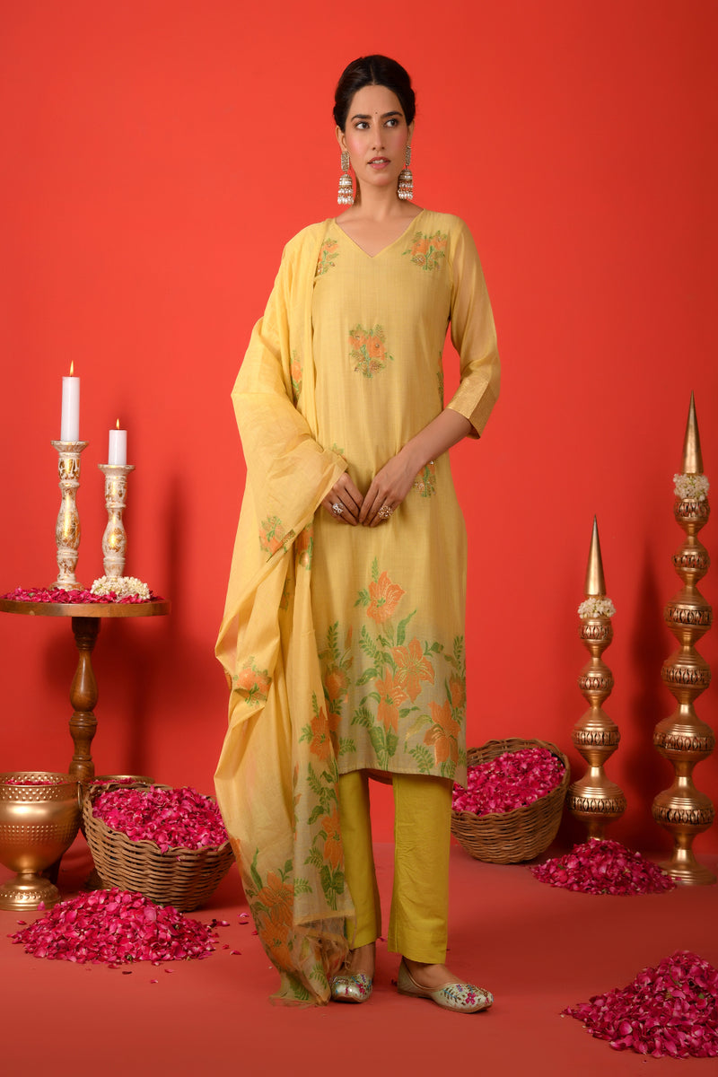 (Vaasva) Women mustard floral jamdani placement suit set (Set of 5pc)