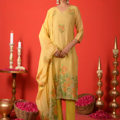 (Vaasva) Women mustard floral jamdani placement suit set (Set of 5pc)