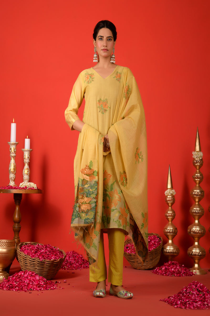 (Vaasva) Women mustard floral jamdani placement suit set (Set of 5pc)