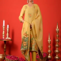(Vaasva) Women mustard floral jamdani placement suit set (Set of 5pc)