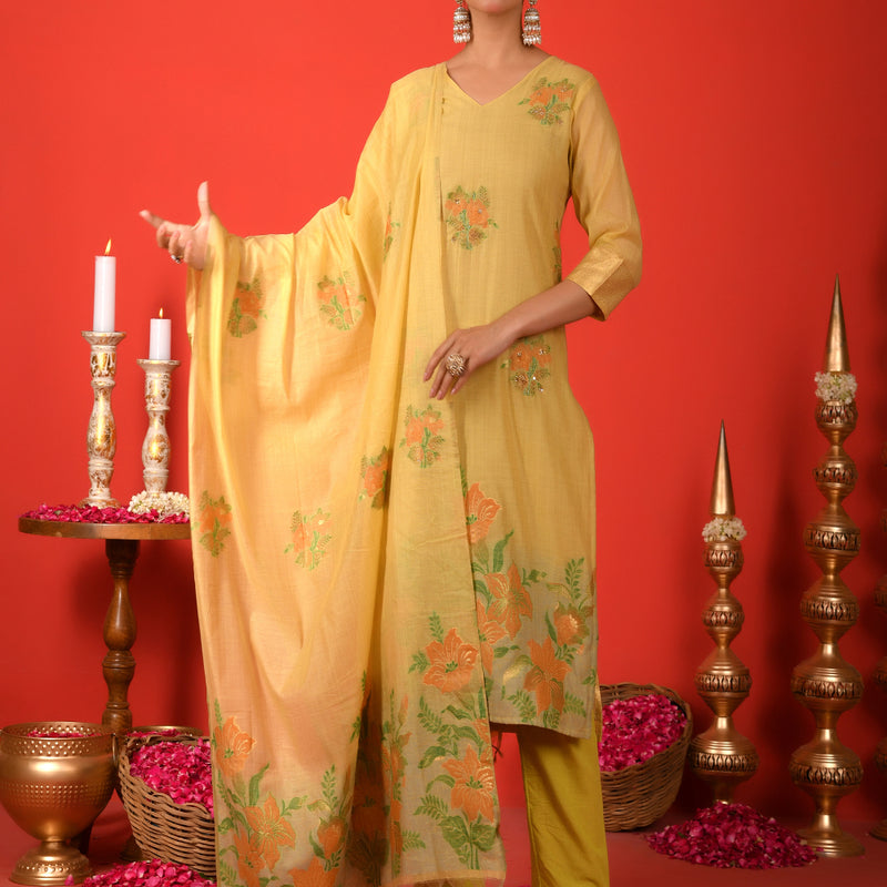 (Vaasva) Women mustard floral jamdani placement suit set (Set of 5pc)
