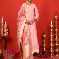 (Vaasva) Women Pink jamdani suit with golden woven dupatta  (Set of 5 Pc)