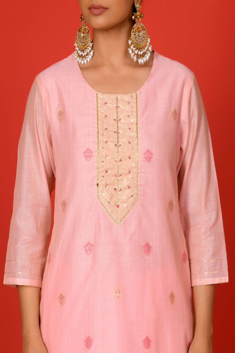 (Vaasva) Women Pink jamdani suit with golden woven dupatta  (Set of 5 Pc)