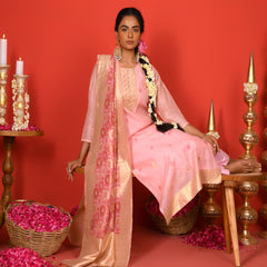 (Vaasva) Women Pink jamdani suit with golden woven dupatta  (Set of 5 Pc)