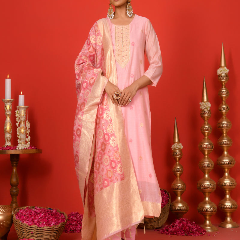 (Vaasva) Women Pink jamdani suit with golden woven dupatta  (Set of 5 Pc)