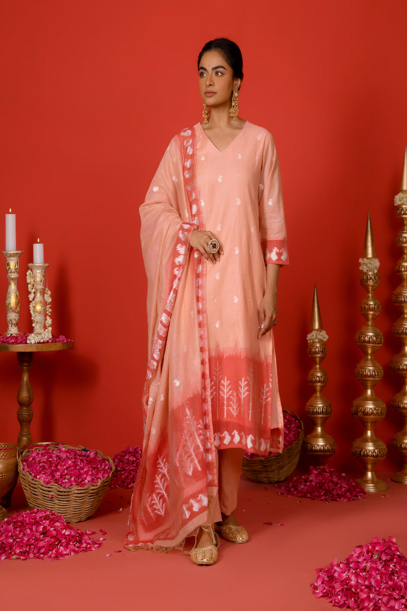 (Vaasva) Women peach red contrast jamdani suits set  (Set of 5 Pc)