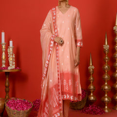 (Vaasva) Women peach red contrast jamdani suits set  (Set of 5 Pc)