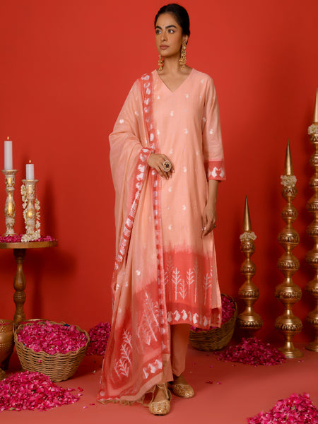 (Vaasva) Women peach red contrast jamdani suits set  (Set of 5 Pc)
