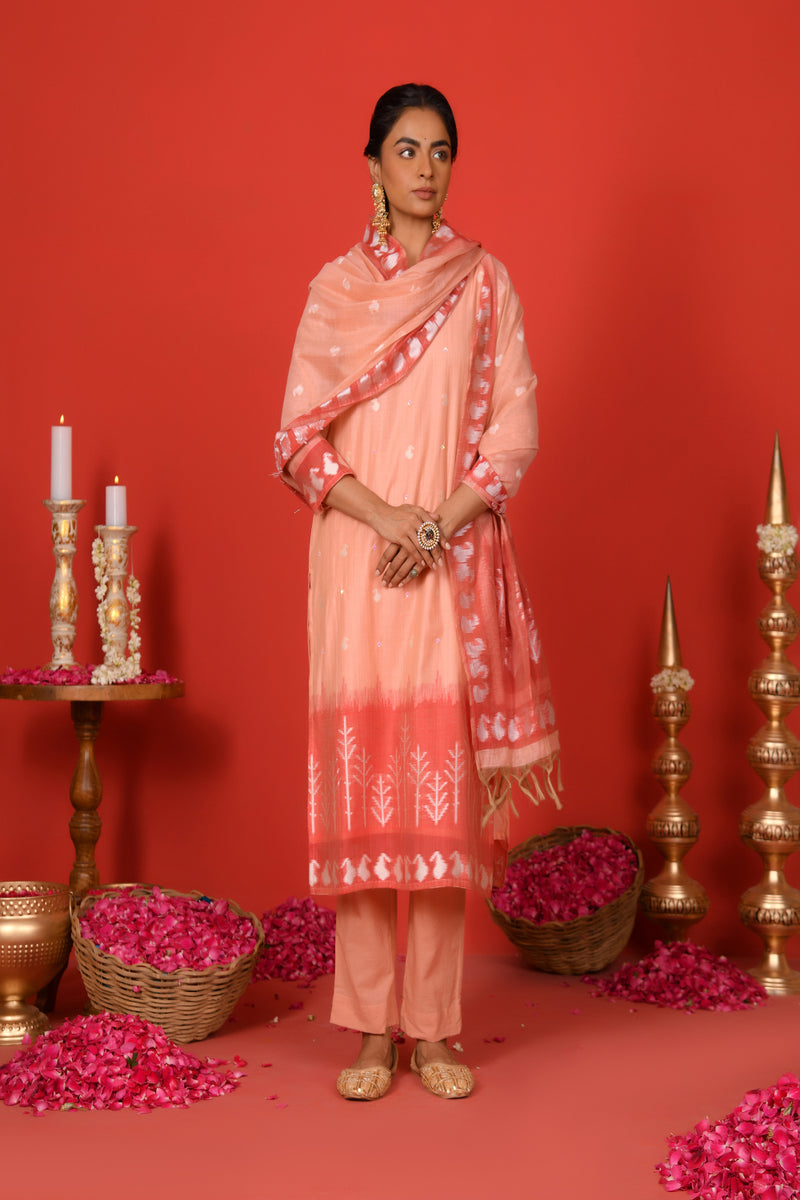 (Vaasva) Women peach red contrast jamdani suits set  (Set of 5 Pc)