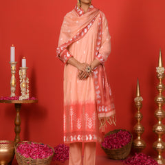 (Vaasva) Women peach red contrast jamdani suits set  (Set of 5 Pc)