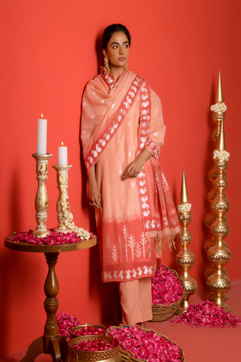 (Vaasva) Women peach red contrast jamdani suits set  (Set of 5 Pc)