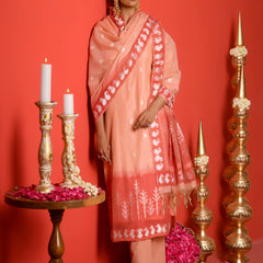 (Vaasva) Women peach red contrast jamdani suits set  (Set of 5 Pc)