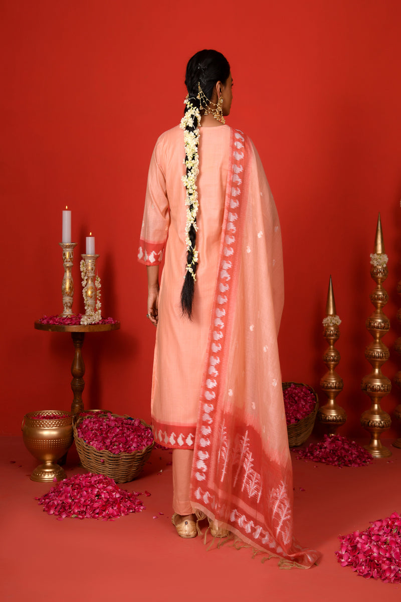 (Vaasva) Women peach red contrast jamdani suits set  (Set of 5 Pc)