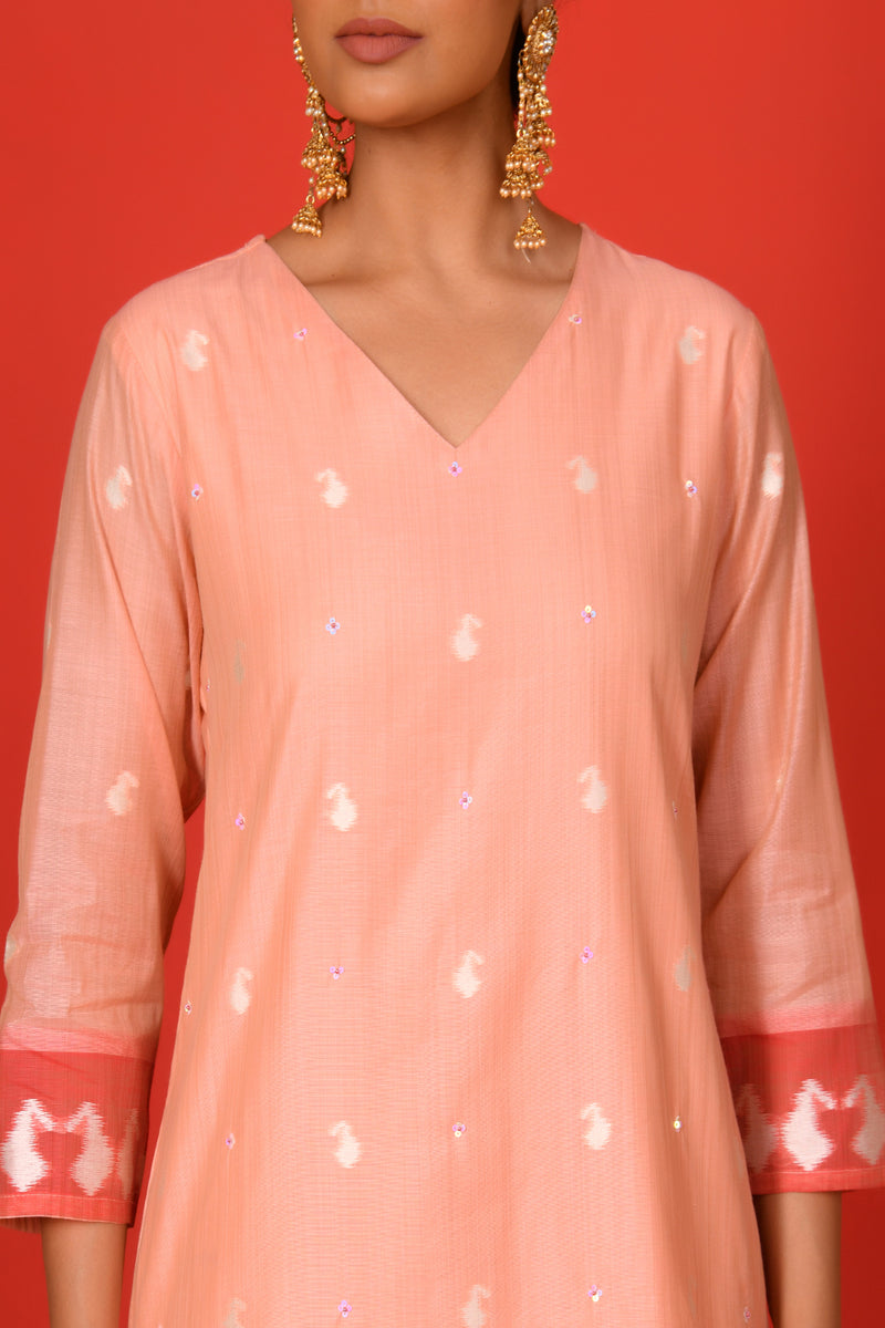 (Vaasva) Women peach red contrast jamdani suits set  (Set of 5 Pc)
