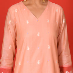 (Vaasva) Women peach red contrast jamdani suits set  (Set of 5 Pc)