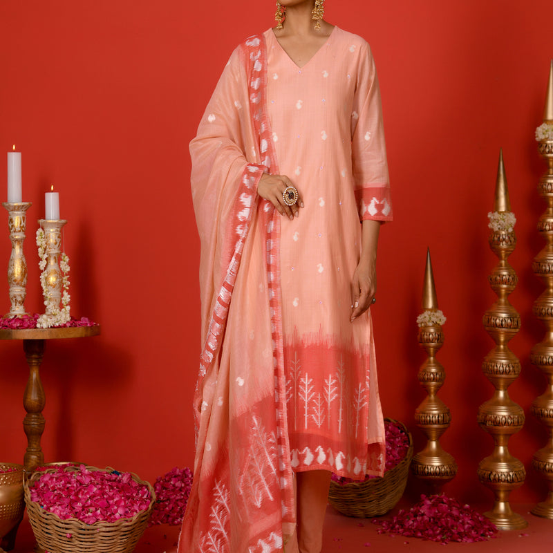 (Vaasva) Women peach red contrast jamdani suits set  (Set of 5 Pc)
