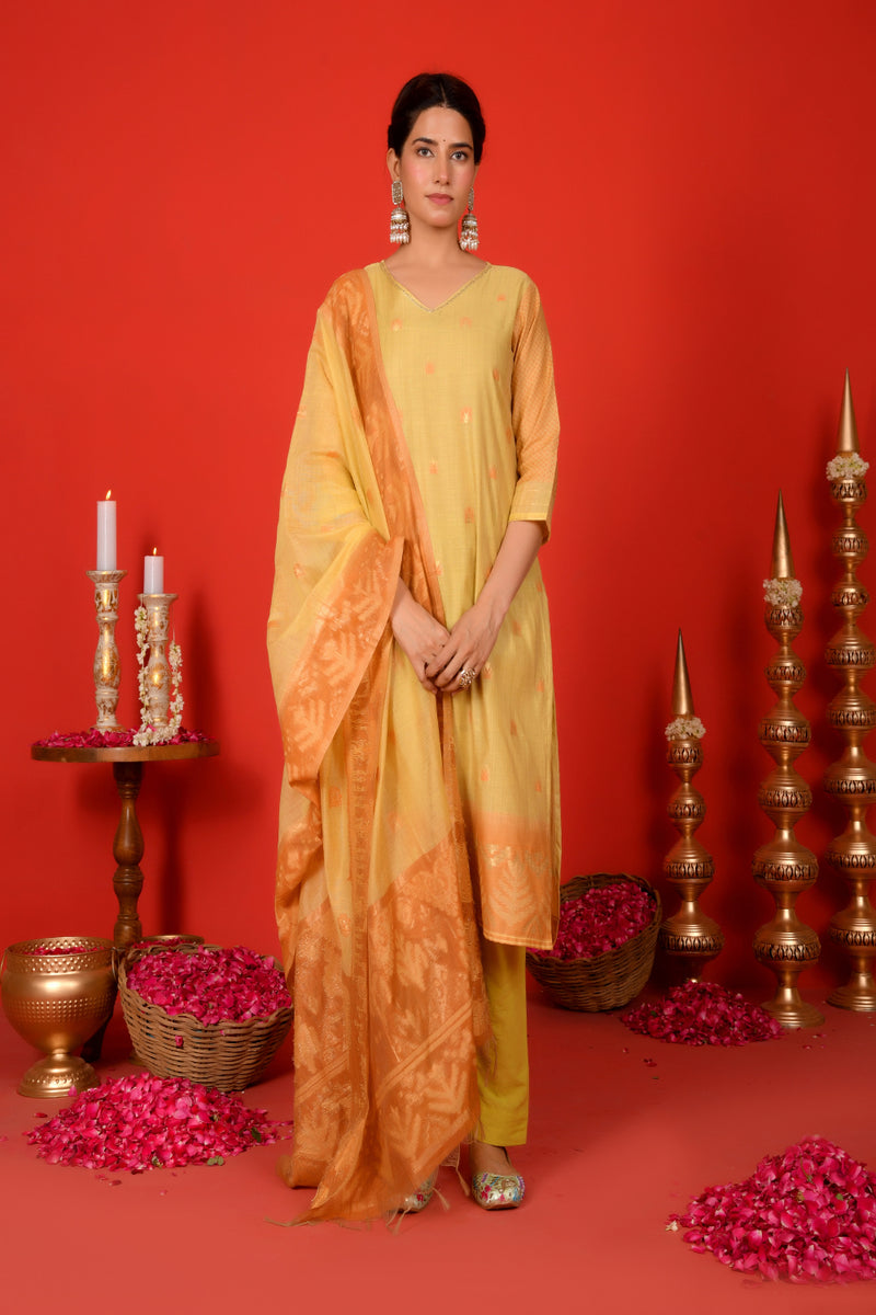 (Vaasva) Women Mustard Boonta jamdani suit set  (Set of 5 Pc)