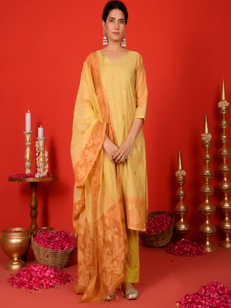 (Vaasva) Women Mustard Boonta jamdani suit set  (Set of 5 Pc)