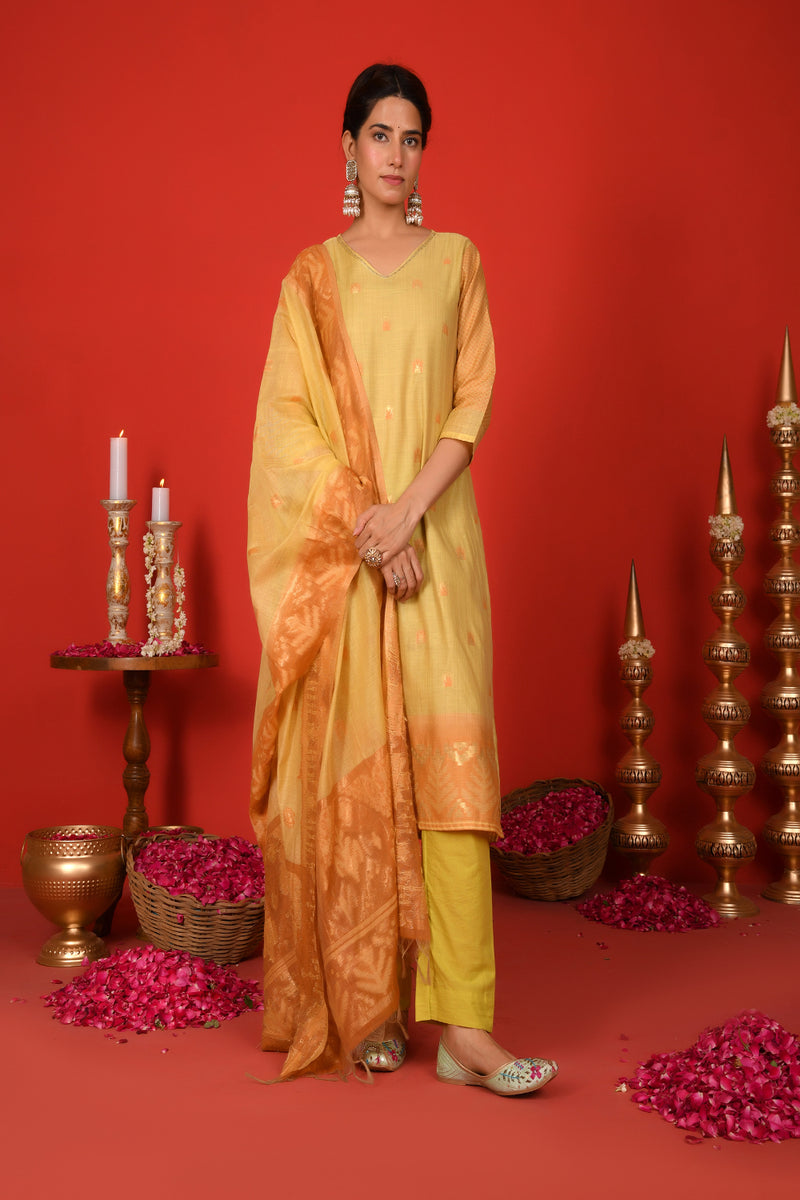 (Vaasva) Women Mustard Boonta jamdani suit set  (Set of 5 Pc)