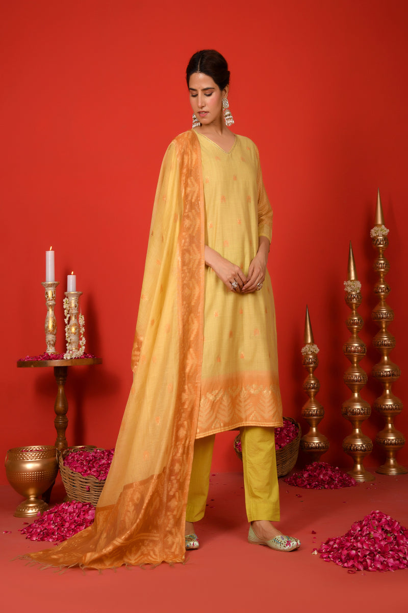 (Vaasva) Women Mustard Boonta jamdani suit set  (Set of 5 Pc)