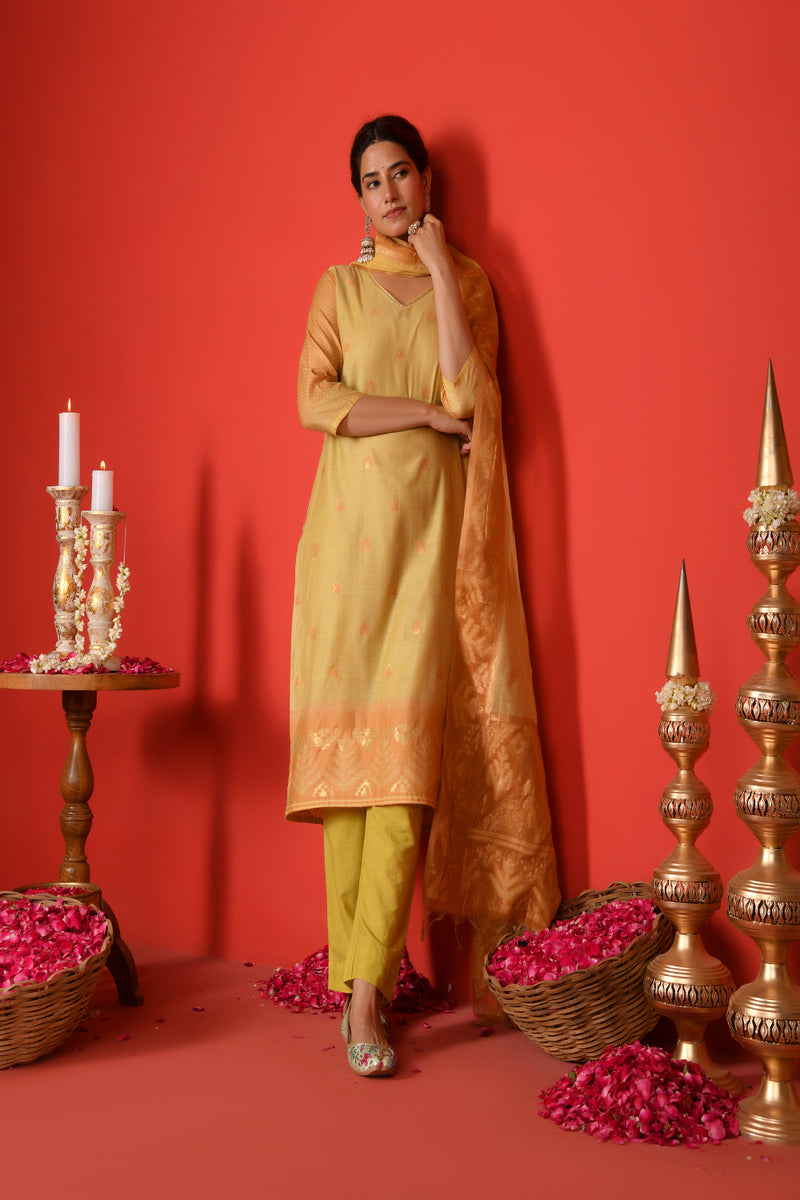 (Vaasva) Women Mustard Boonta jamdani suit set  (Set of 5 Pc)