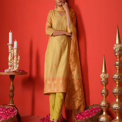 (Vaasva) Women Mustard Boonta jamdani suit set  (Set of 5 Pc)