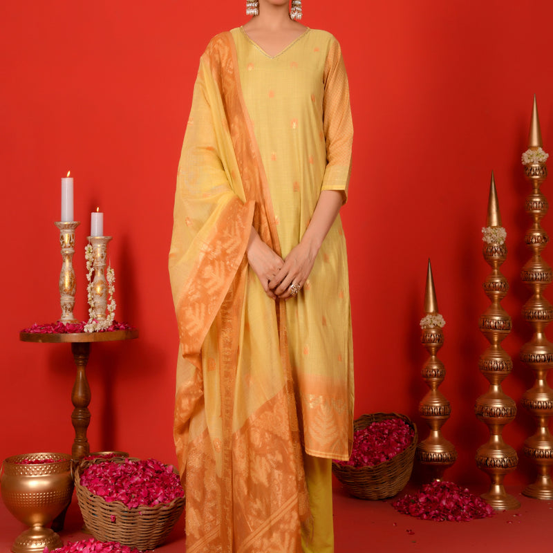 (Vaasva) Women Mustard Boonta jamdani suit set  (Set of 5 Pc)