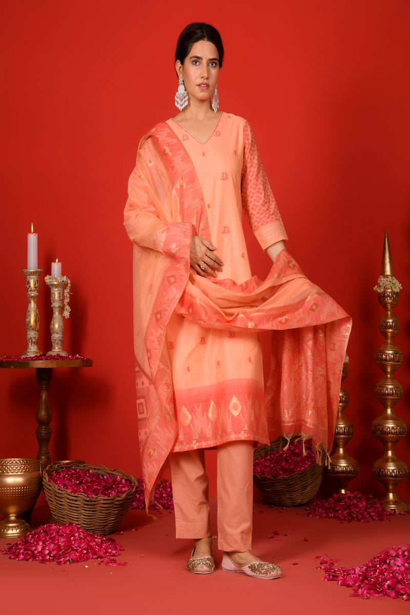 (Vaasva) Women Peachy Orange woven jamdani suit set  (Set of 5 Pc)