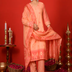 (Vaasva) Women Peachy Orange woven jamdani suit set  (Set of 5 Pc)