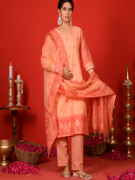 (Vaasva) Women Peachy Orange woven jamdani suit set  (Set of 5 Pc)
