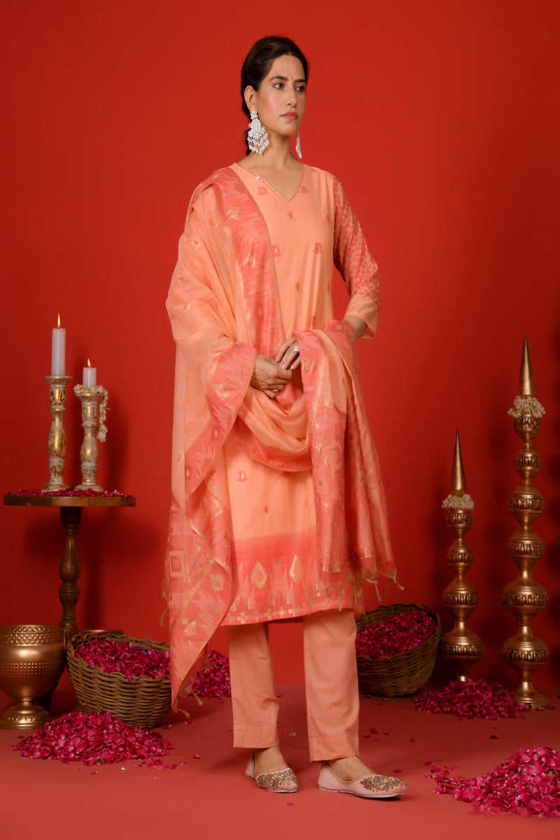 (Vaasva) Women Peachy Orange woven jamdani suit set  (Set of 5 Pc)