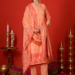 (Vaasva) Women Peachy Orange woven jamdani suit set  (Set of 5 Pc)