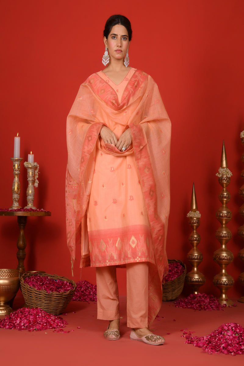 (Vaasva) Women Peachy Orange woven jamdani suit set  (Set of 5 Pc)