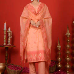 (Vaasva) Women Peachy Orange woven jamdani suit set  (Set of 5 Pc)