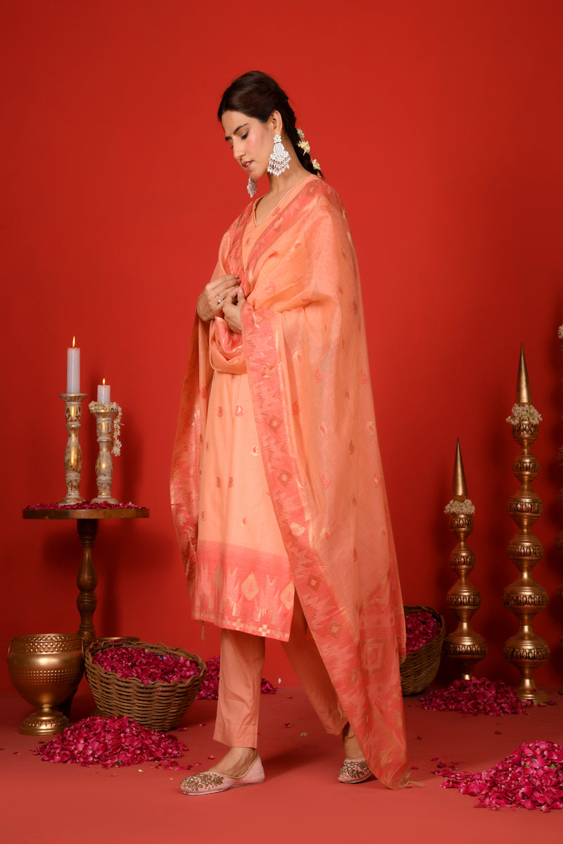 (Vaasva) Women Peachy Orange woven jamdani suit set  (Set of 5 Pc)